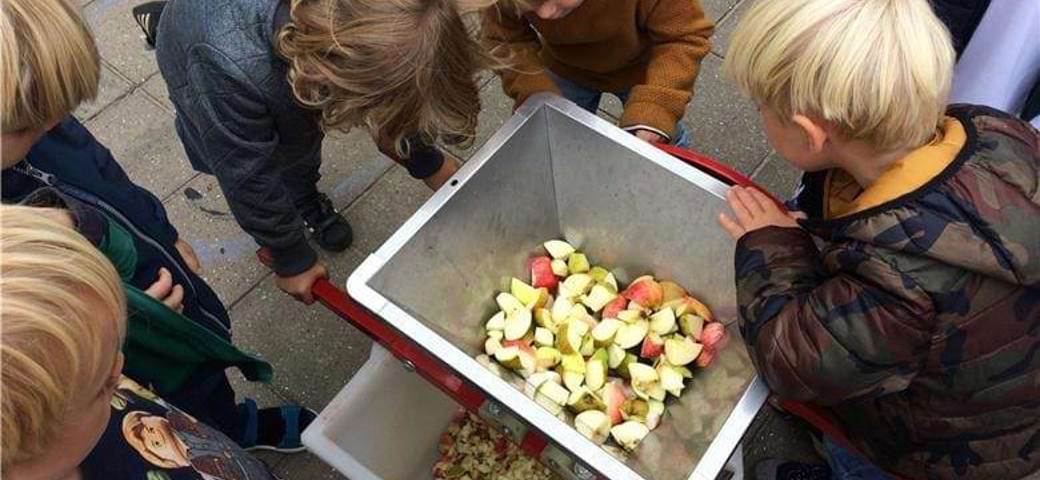 Børn presser æbler til æblemost